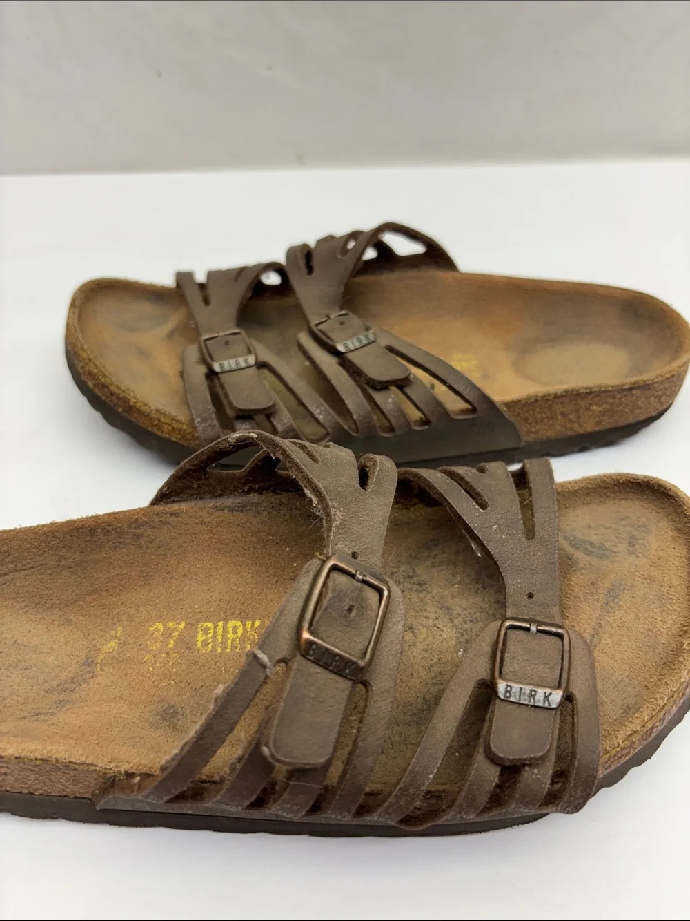 Birkenstock Women’s Brown Leather Double-Buckle Slide Sandals, SZ 6, box 23